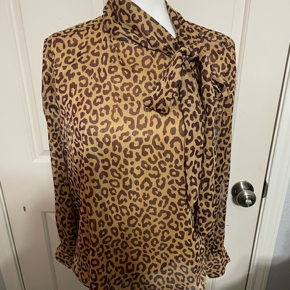 Ann Taylor Brown and Tan Blouse with Cuffed Sleeves and Tie Front